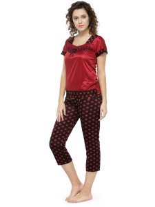 N-Gal Women's Satin Short Sleeves Polka Dot Print Top Pyjama Set Nightwear Nightsuit_Maroon