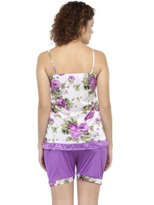 N-Gal Women's Satin Spaghetti Strap Floral Print Camisole & Short Nightwear Lounge Sets_Purple