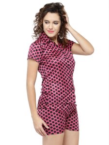 N-Gal Women's Satin Polka Dot Print Short Sleeves Shirt & Short Nightwear Lounge Sets_Pink