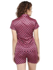 N-Gal Women's Satin Polka Dot Print Short Sleeves Shirt & Short Nightwear Lounge Sets_Pink