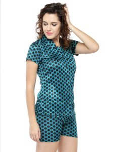 N-Gal Women's Satin Polka Dot Print Short Sleeves Shirt & Short Nightwear Lounge Sets_Green