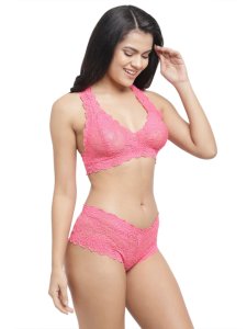 N-Gal Women's Floral Lace Racer Back Bra Underwear Lingerie Hipster Panty Set_Pink