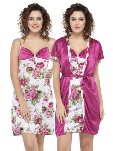 N-Gal Women's Satin Floral Pattern Short Nighty Robe Nightwear_Magenta
