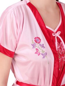 N-Gal Women's Satin Floral Pattern Embroidered Royal Long Nighty Gown with Robe Lingerie 2 Pcs Nightwear Set, Pink