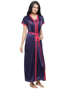 N-Gal Women's Satin Floral Pattern Embroidered Royal Long Nighty Gown with Robe Lingerie 2 Pcs Nightwear Set, NavyBlue