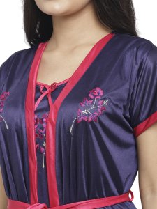N-Gal Women's Satin Floral Pattern Embroidered Royal Long Nighty Gown with Robe Lingerie 2 Pcs Nightwear Set, NavyBlue