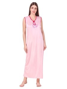 N-Gal Women's Satin Floral Pattern Embroidered Royal Long Nighty Gown with Robe Lingerie 2 Pcs Nightwear Set, Red