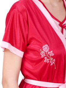 N-Gal Women's Satin Floral Pattern Embroidered Royal Long Nighty Gown with Robe Lingerie 2 Pcs Nightwear Set, Red