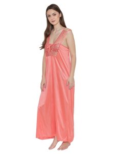 N-Gal Women's Embroidered Lace Bridal Long Nighty with Robe Lingerie 2 Pcs Nightwear Set_Orange