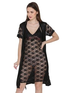 N-Gal Women's Satin Floral Pattern Short Nighty Gown with Robe Lingerie 2 Pcs Nightwear Set_Black