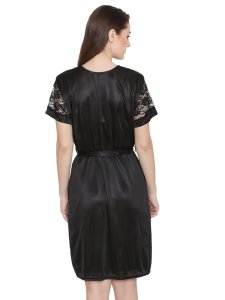 N-Gal Women's Satin Floral Pattern Short Nighty Gown with Robe Lingerie 2 Pcs Nightwear Set_Black