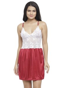 N-Gal Women's Satin Embroidered Knee Length Nighty Gown with Robe Lingerie 2 Pcs Nightwear Set_Maroon