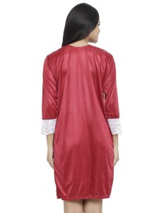 N-Gal Women's Satin Embroidered Knee Length Nighty Gown with Robe Lingerie 2 Pcs Nightwear Set_Maroon