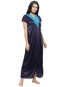 N-Gal Women's Satin Patch Lace Embroidered Long Nighty Gown with Robe Lingerie 2 Pcs Nightwear Set_NavyBlue