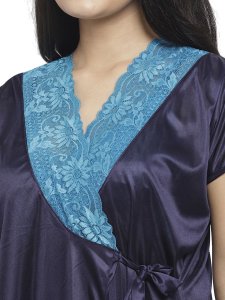 N-Gal Women's Satin Patch Lace Embroidered Long Nighty Gown with Robe Lingerie 2 Pcs Nightwear Set_NavyBlue
