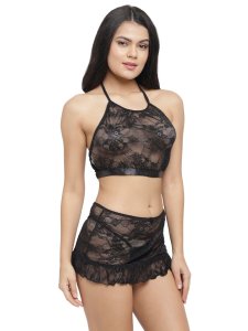 N-Gal Women's Lace High Neck Crop Top Bra Short Skirt Underwear with G-String Lingerie Set_Black