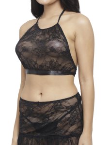 N-Gal Women's Lace High Neck Crop Top Bra Short Skirt Underwear with G-String Lingerie Set_Black