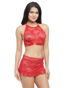 N-Gal Women's Lace High Neck Crop Top Bra Short Skirt Underwear with G-String Lingerie Set_Red