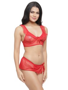 N-Gal Women's Erotic Lace Ruffle Neck Bra Short Side Slit Skirt Attached with G-String Lingerie Set_Red