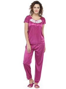 N-Gal Women's Satin Lace Solid 8 Pcs Bridal Nighty Nightwear Set_Magenta