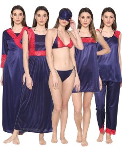 N-Gal Women's Satin Spandex Royal Lace Soft Nighty Lingerie Nightwear_Blue