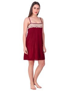 N-Gal Women's Satin Spandex Royal Lace Soft Nighty Lingerie Nightwear_Maroon