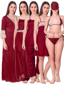 N-Gal Women's Satin Spandex Royal Lace Soft Nighty Lingerie Nightwear_Maroon