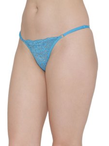 N-Gal Women's Sheer Lace Cut Out Adjustable Waist Band G-String Thong Panty_Blue