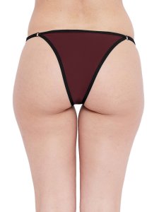 N-Gal Women's Sheer Lace Cut Out Adjustable Waist Band G-String Thong Panty_Maroon