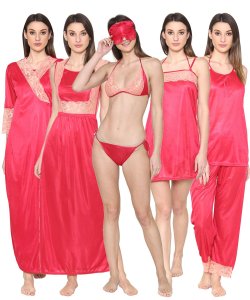 N-Gal Women's Satin Spandex Royal Lace Soft Nighty Lingerie Nightwear_Pink