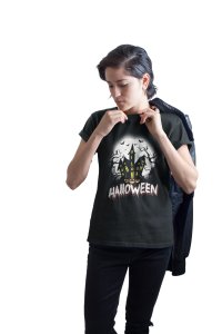Halloween, Scary House(BG Black)- Printed Tees for Women's -designed for Halloween