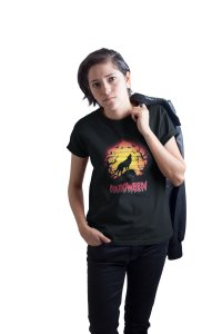 Happy Halloween, Wolf(BG Orange) - Printed Tees for Women's -designed for Halloween
