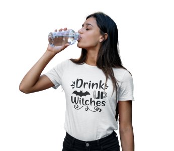 Drink up witches, flying bat illustration- Printed Tees for Women's -designed for Halloween