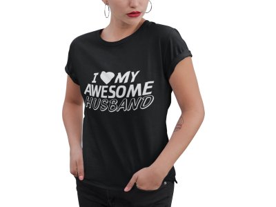 Awesome husband-printed family themed cotton blended half-sleeve t-shirts made for women (black)