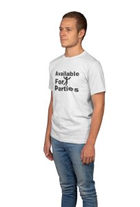 Available for parties -printed family themed cotton blended half-sleeve t-shirts made for men (white)