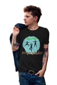 Yoga Studio, 3 Images Dancing, (BG Blue Circle), Round Neck Tshirt - Clothes for Yoga Lovers - Suitable For Regular Yoga Going People - Foremost Gifting Material for Your Friends and Close Ones