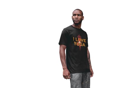 I Love Yoga, Red Lady Doing Yogasan, (Text Yellow), Round Neck Tshirt - Clothes for Yoga Lovers - Suitable For Regular Yoga Going People - Foremost Gifting Material for Your Friends and Close Ones