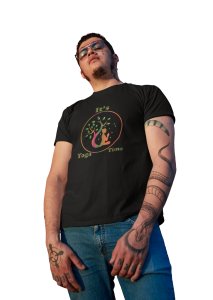 Lady's Shadow Facing Left With a Tree, (BG Green, Yellow and Pink) Round Neck Tshirt - Clothes for Yoga Lovers - Suitable For Regular Yoga Going People - Foremost Gifting Material for Your Friends and Close Ones