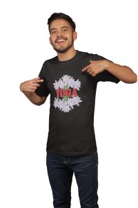Yoga Text Written In Front Of Violet Flower, (BG White), Round Neck Tshirt - Clothes for Yoga Lovers - Suitable For Regular Yoga Going People - Foremost Gifting Material for Your Friends and Close Ones