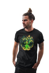 A Man's Shadow Is Sitting In front Of Om Symbol, (BG Green), Round Neck Tshirt - Clothes for Yoga Lovers - Suitable For Regular Yoga Going People - Foremost Gifting Material for Your Friends and Close Ones