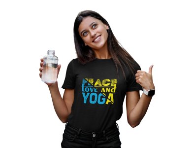 Peace, Love And Yoga Text In Blue And Yellow-Clothes for Yoga Lovers - Suitable For Regular Yoga Going People - Foremost Gifting Material for Your Friends