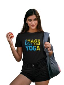 Peace, Love And Yoga Text In Blue And Yellow-Clothes for Yoga Lovers - Suitable For Regular Yoga Going People - Foremost Gifting Material for Your Friends