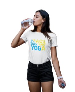 Peace, Love And Yoga Text In Blue And Yellow-White-Clothes for Yoga Lovers - Suitable For Regular Yoga Going People - Foremost Gifting Material for Your Friends