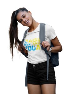 Peace, Love And Yoga Text In Blue And Yellow-White-Clothes for Yoga Lovers - Suitable For Regular Yoga Going People - Foremost Gifting Material for Your Friends