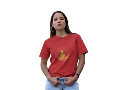 Lady Doing Yoga (BG Yellow)-Red-Clothes for Yoga Lovers- Red - Suitable For Regular Yoga Going People - Foremost Gifting Material for Your Friends
