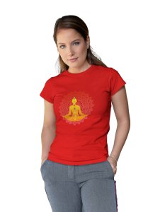Lady Doing Yoga (BG Yellow)-Red-Clothes for Yoga Lovers- Red - Suitable For Regular Yoga Going People - Foremost Gifting Material for Your Friends