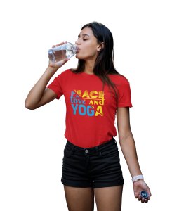 Peace, Love And Yoga Text In Blue And Yellow -Red-Clothes for Yoga Lovers- Red - Suitable For Regular Yoga Going People - Foremost Gifting Material for Your Friends