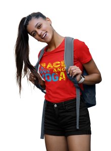Peace, Love And Yoga Text In Blue And Yellow -Red-Clothes for Yoga Lovers- Red - Suitable For Regular Yoga Going People - Foremost Gifting Material for Your Friends