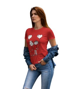 Couple Holding Heart Balloons(BG White) Red- Printed T-Shirts