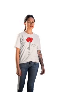 Girl Holding Love Balloons White -Printed T-Shirts